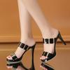 Mode Übergröße Sandalen Damenschuhe neu vielseitig Fischmaul hoher Absatz dünner Absatz tragen coole Hausschuhe hoher Sinn