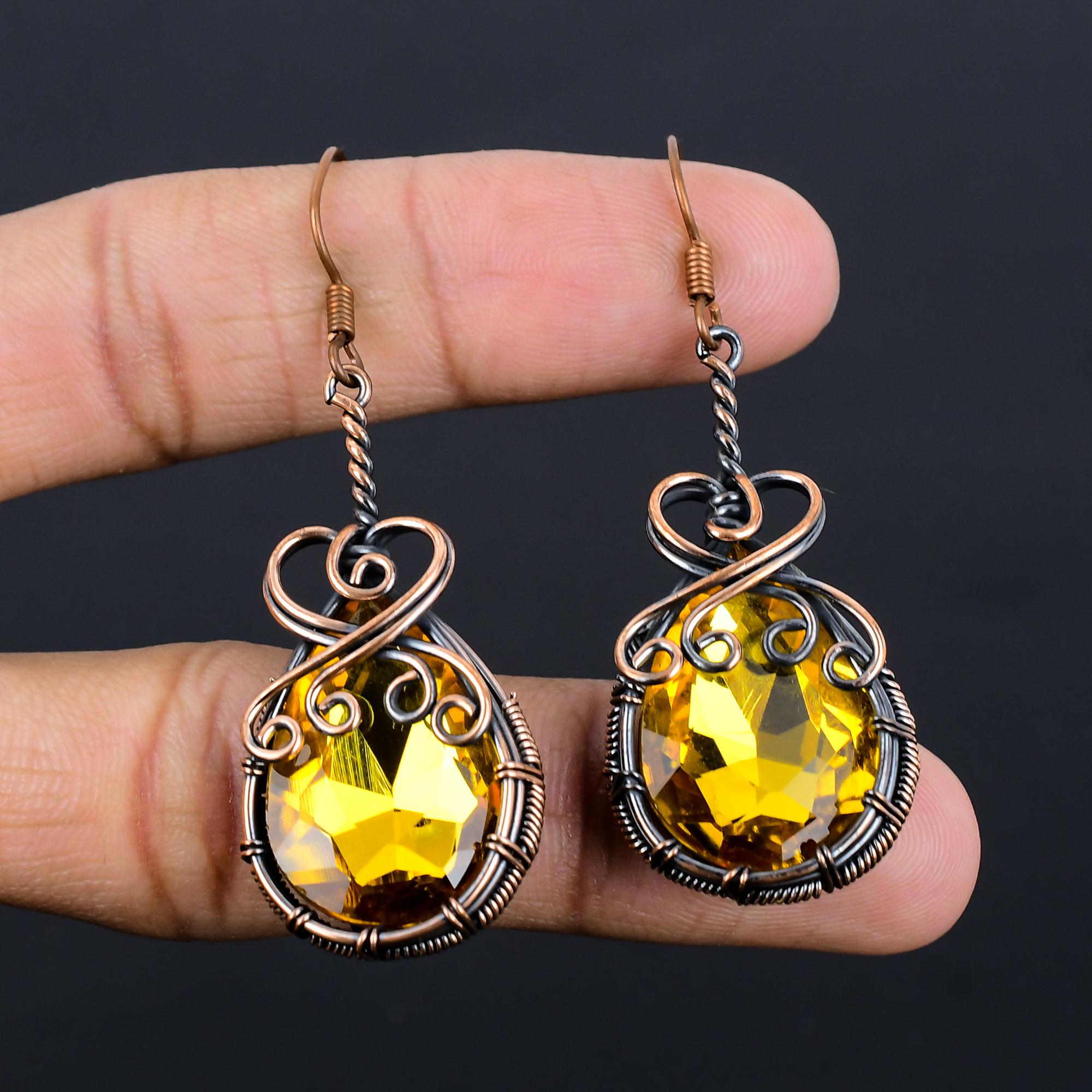 

Серьги с цитрином, Ювелирные изделия из драгоценных камней, обернутые медной проволокой 999 пробы, Серьги ручной работы, На День благодарения 2.55 Inches