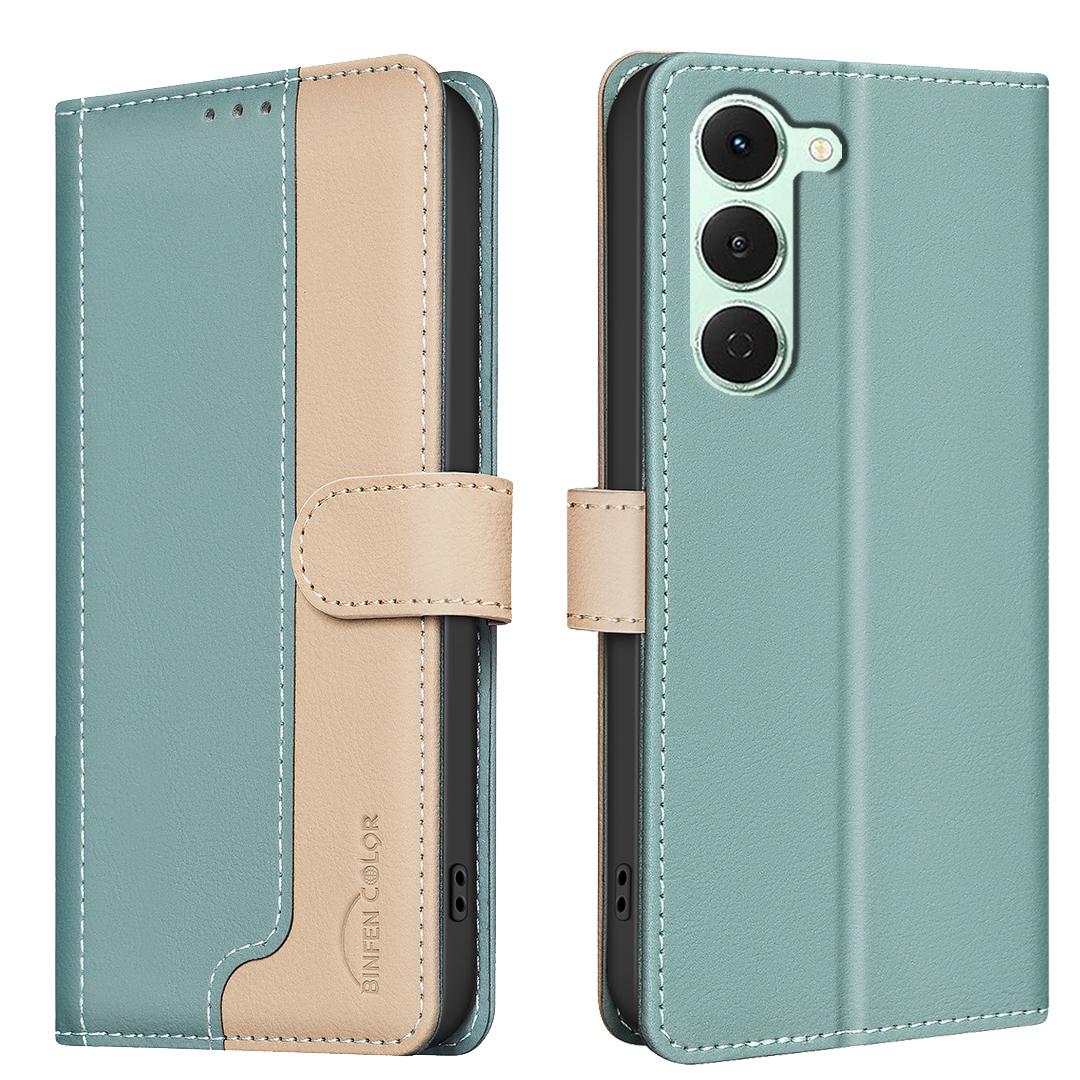 

For TECNO Spark 40 Pro+ 4G Leather Case BINFEN COLOR Splicing Color RFID Blocking Wallet Stand Phone Cover Green