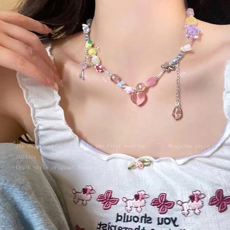 Red Big Apple Shape Pendant Necklace Simple Transparent Glass Puffy Love Apple Beaded Crystalchain Necklace