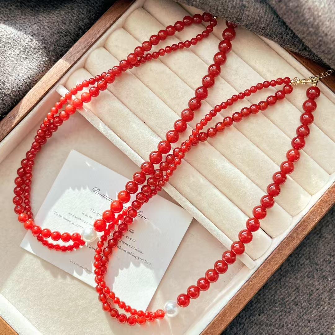 Vintage Double Layer Cross Design Sense Natural Chalcedony Agate Clavicle Chain Necklace