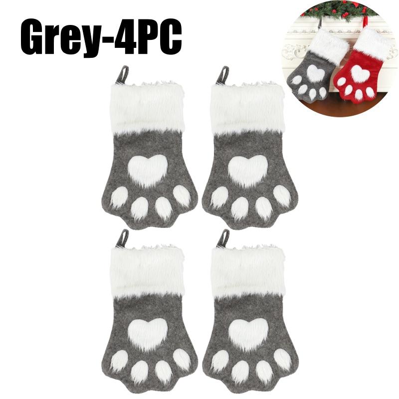 Red Velvet Christmas Stockings with Dogs Paw Winter Fuzzy Gift Bag for Home Hanging Holiday Ornament Decor