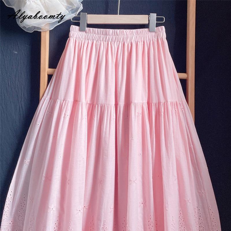 Japanischer Mori Girl Frühling Sommer Damen Midi Rock Hohe Taille Rosa Ausgeschnittener Rock Baumwolle Weich Florale Stickerei Süße Röcke Damen