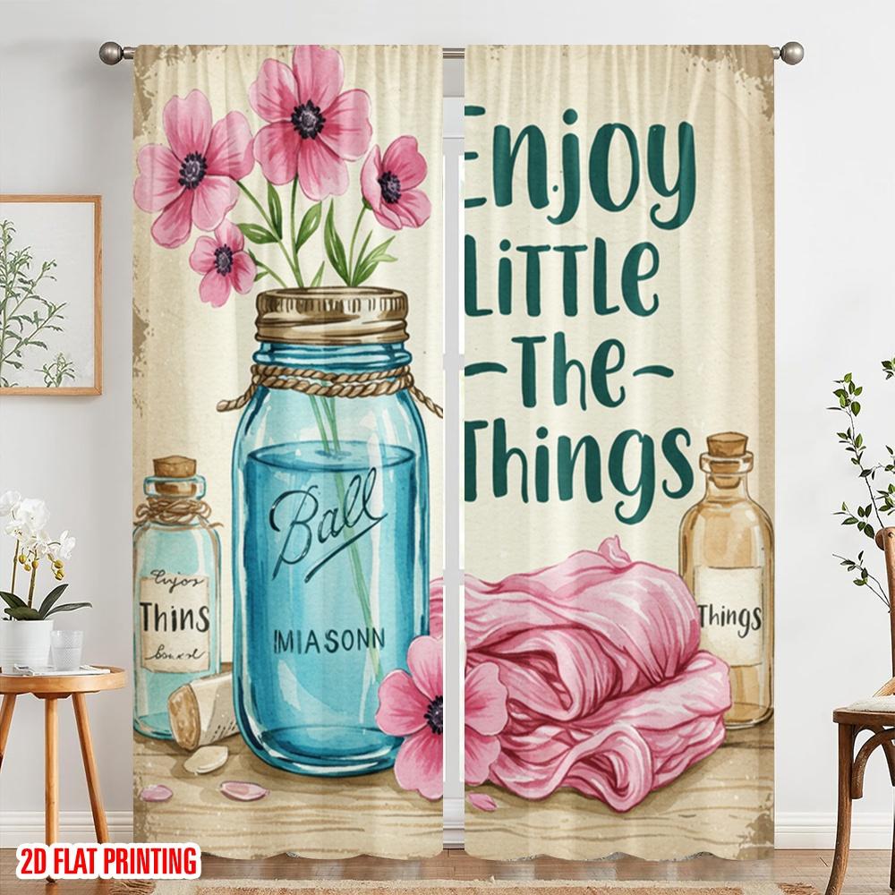 2pcs 2D flat printing Curtain Enjoy Little Things 100% Polyester Without Electricity Festive Wall Decor Perfect for Indoor