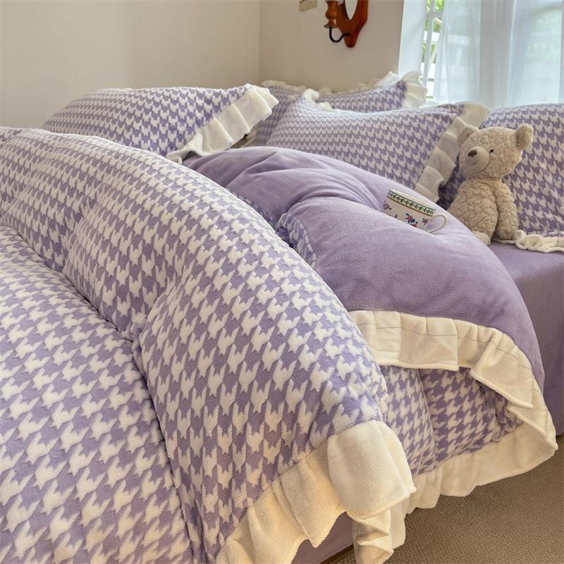 Double-Sided Thickened Milk Coral Fleece Bed Four-Piece Set Flannel Bedding Bed Skirt Fleece Sheet Quilt Cover