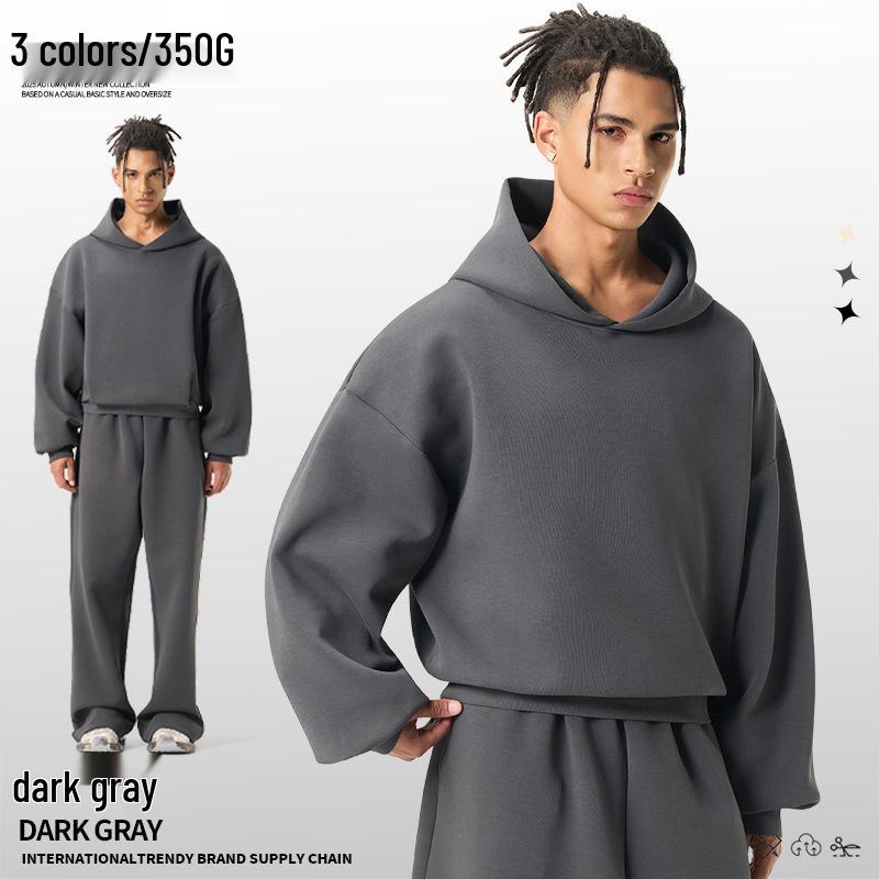 

Autumn/Winter Heavyweight High Street Loose Hooded Sweatshirt - Pure Color Youth Style for Men Large темно-сірий