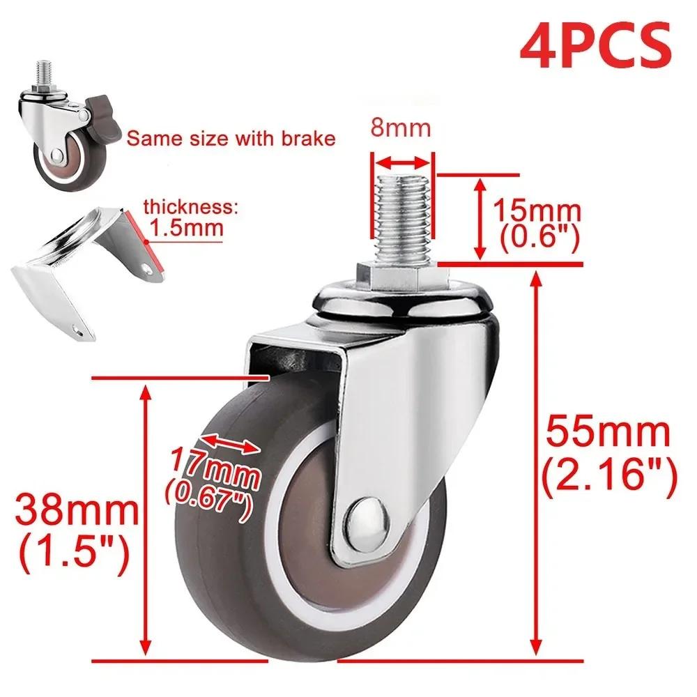4PCS New 1.5" / 2" Wheel Threaded Stem Swivel Casters TPE Rubber Brakes Furniture Castor M10 M8 Rubber Castor for Baby Bed