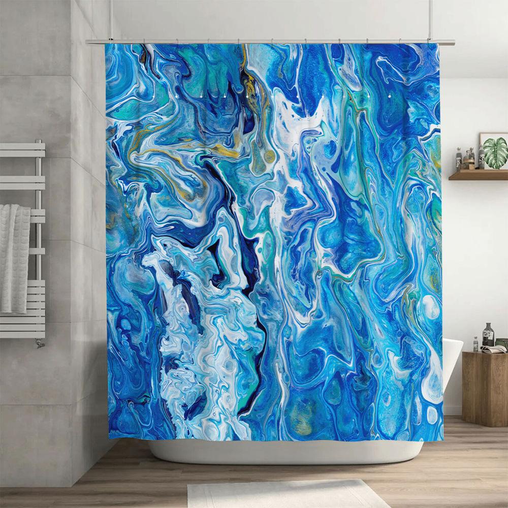 Modern Blue White Shower Curtain Waterproof Fabric Bath Decor Abstract Design Print Room Decoration Extra Long 72x84in (193cm x
