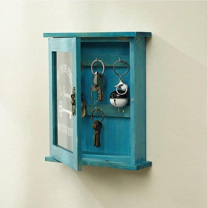 

Vintage European Style Wooden Key Storage Cabinet Key Holder Box with Hanging Hooks Letter Rack Key Box Home Decor 21x6x25cm синий