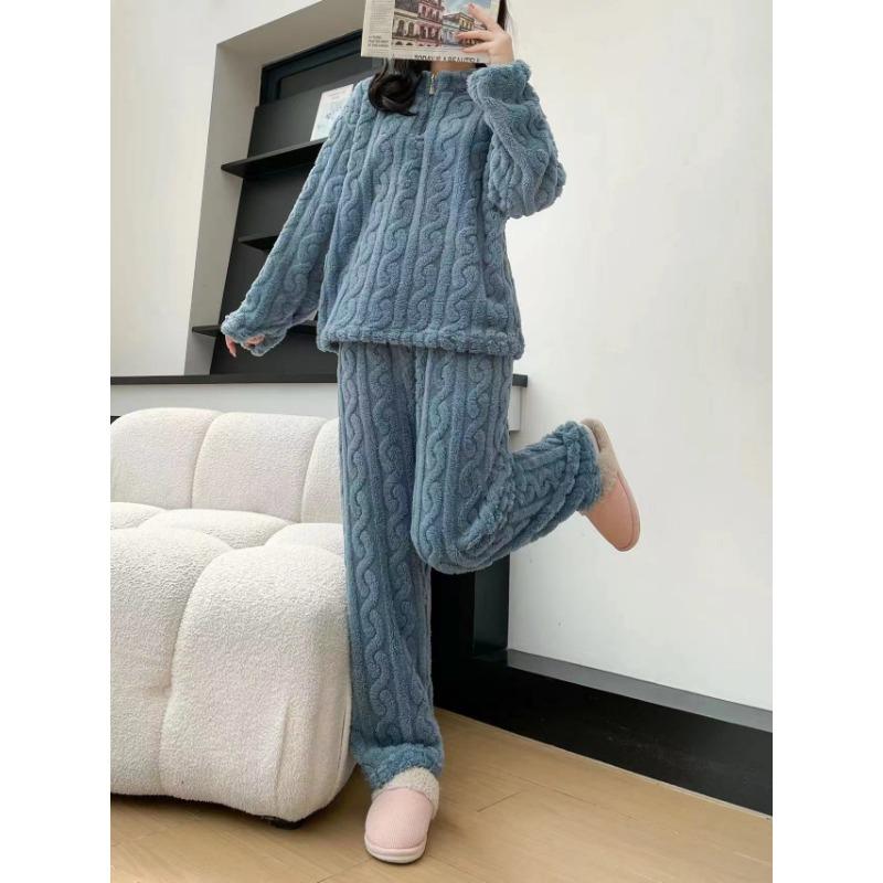 Podzimní a zimní Twist Zipper Couple Plus Sametové tlusté korálové fleecové pyžamo Velké teplé Žakárové Cardigan Domácí služba