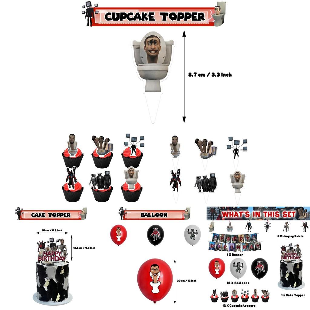 Skibidi Toilet Theme Birthday Party Decoration Kit Monster Birthday Cake Topper Paper Flag Balloons And More!