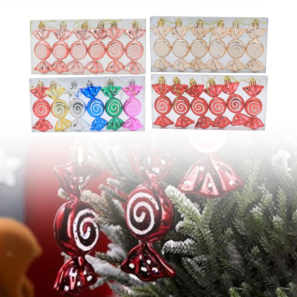 Christmas candy ball ornaments 6PCS plastic with glitter finish for decorative hanging on trees at holiday parties