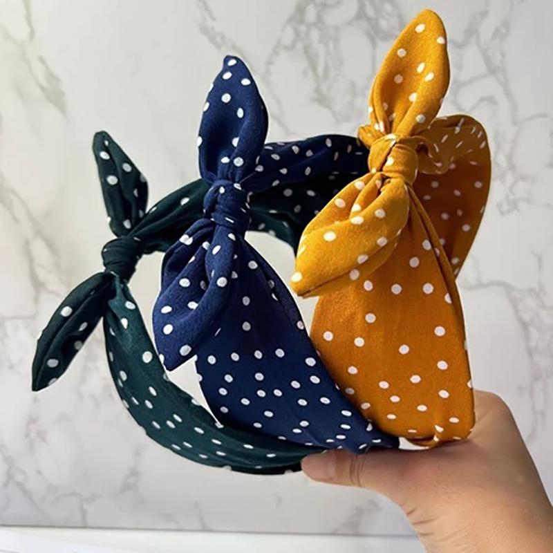 Solid Color Fabric Polka Dot Bow Head Scarf Wire Headband For Temperament Wide Headband Fashion Girl'S Makeup Hairband