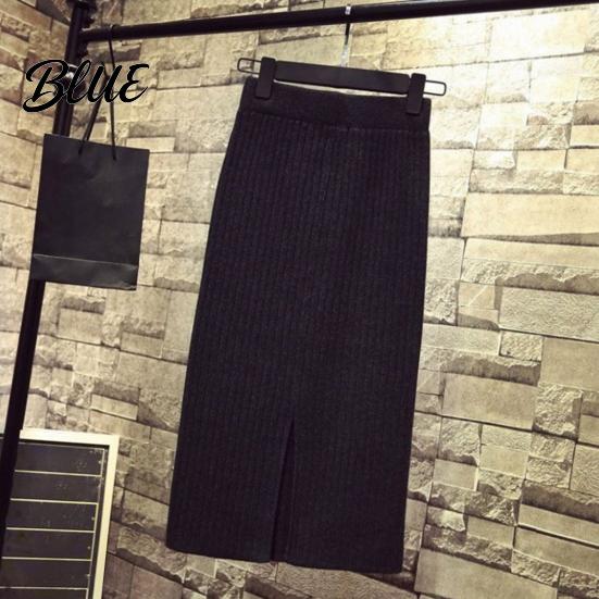 Solid Color Midi Skirt Women Knitting High Waist Back Slit Design Soft Breathable Thickened Warm Hip Wrapped