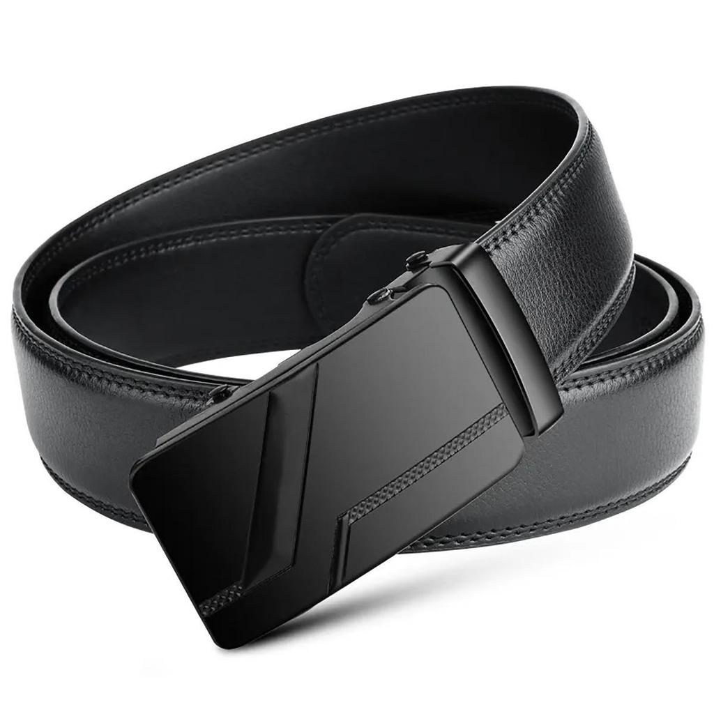 Men's Leather Belt with Automatic Buckle - Business and Casual Styles, High-End Edge-Cut and Topstitched Design.