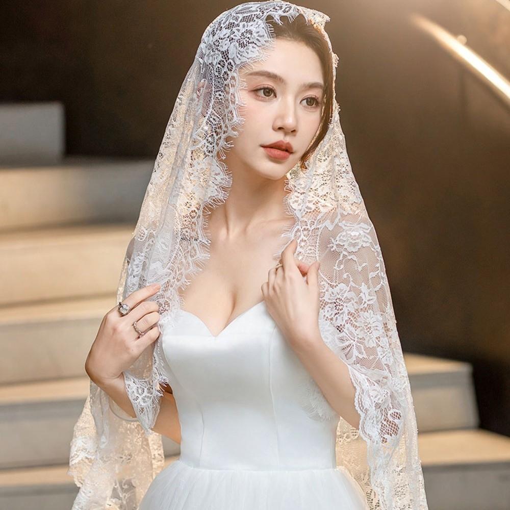 Lace Trim Veil Prayer Shawl Flower Bride Head Gauze Fashion Wedding Lace Shawl  Party