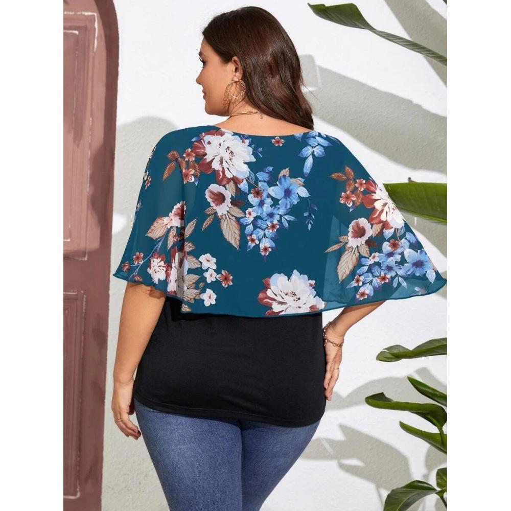 Plus Size Women's Chiffon Shawl Fake Two Piece T-Shirt