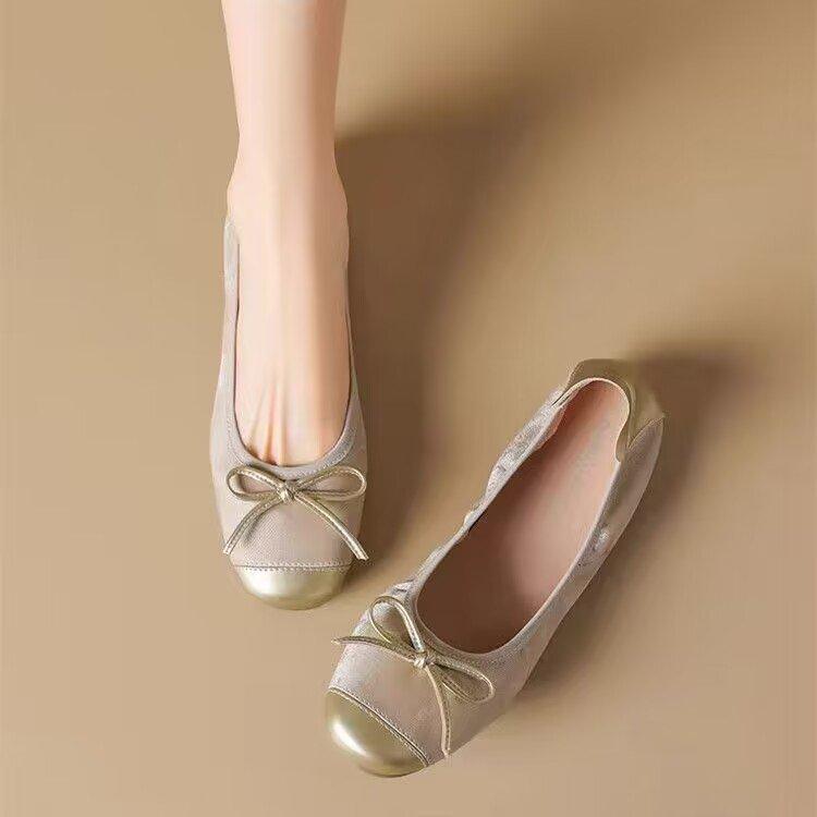 

Весна и осень 2024 года, новые ретро-туфли с бантом в тон, женские импортные туфли большого размера на плоской подошве с легким язычком Doudou 40 хаки