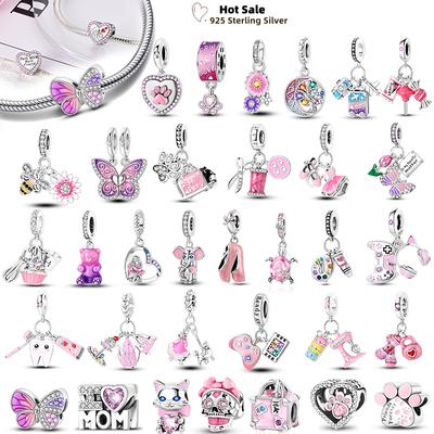 Pink Purple Series Charms Copper Murano Glass Butterfly Animal Paw Print Clasp Charm Beads Fit Original Bracelet Diy Jewelry