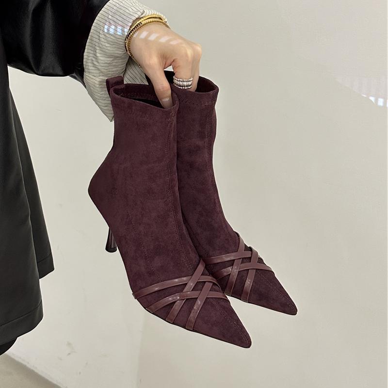 

Модные женские ботильоны SUOJIALUN 2025 нового бренда, модные элегантные женские короткие ботинки с острым носком на тонком высоком каблуке, туфли-челси для платья 39 фиолетовый