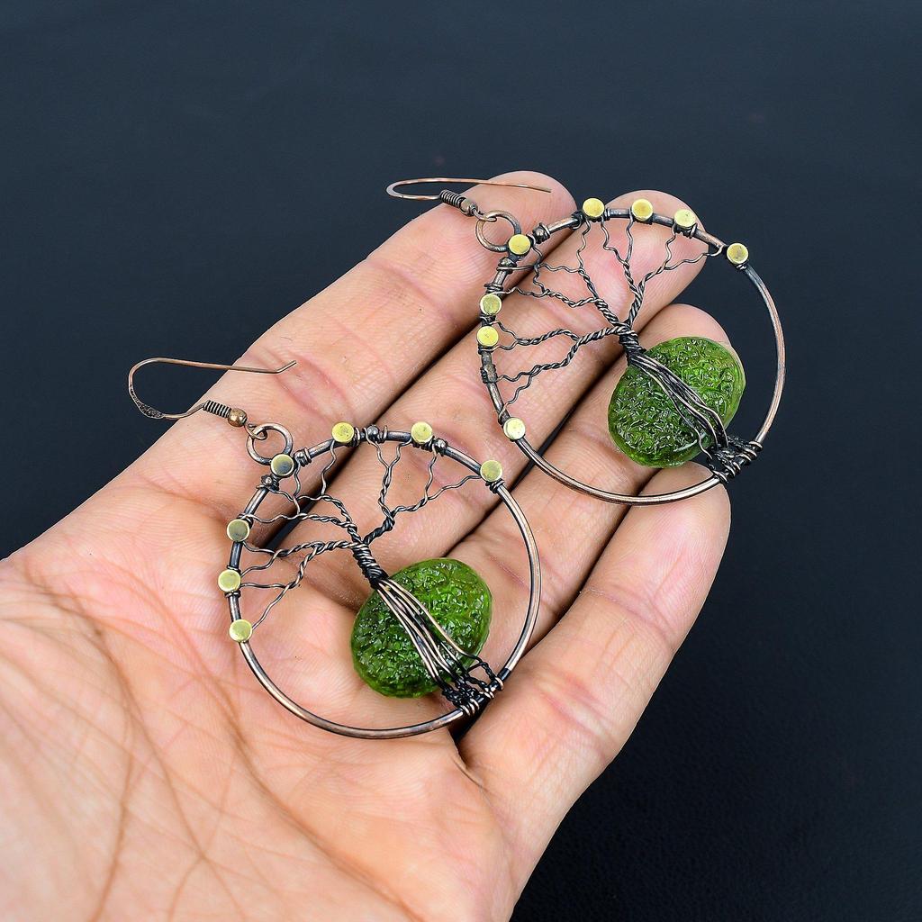 Moldavite Earrings, 999 Copper Wire Wrapped Gemstone Jewelry, Handmade  Earrings For Mother Day