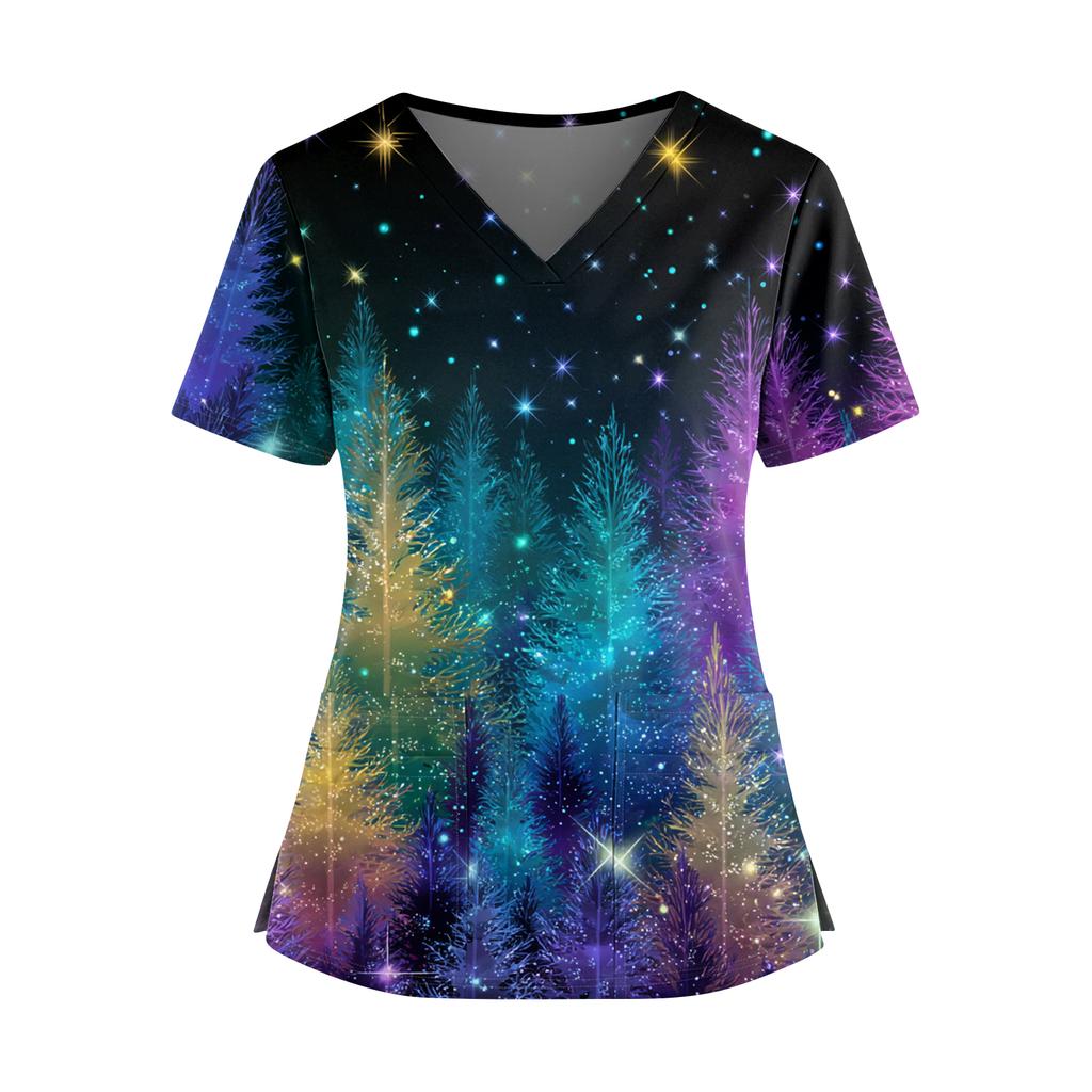 Women's Christmas Printed V-Neck Double Pocket Short Sleeves Hem Slit  Uniform Caregiver Top