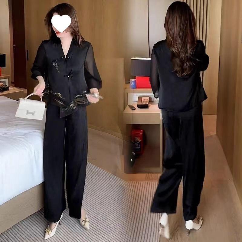 Chinese-style Button-up Fashion Women's Summer Stylish Slimming Traditional-style Top and Wide-leg Pants Set