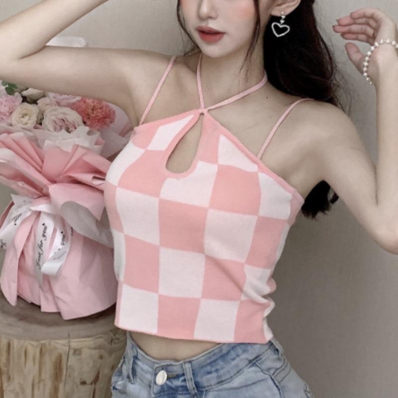 Inside The Spice Girl Small Halter Vest Women's Summer New Design Sense Outside Wearing Plaid Halter Top Woman