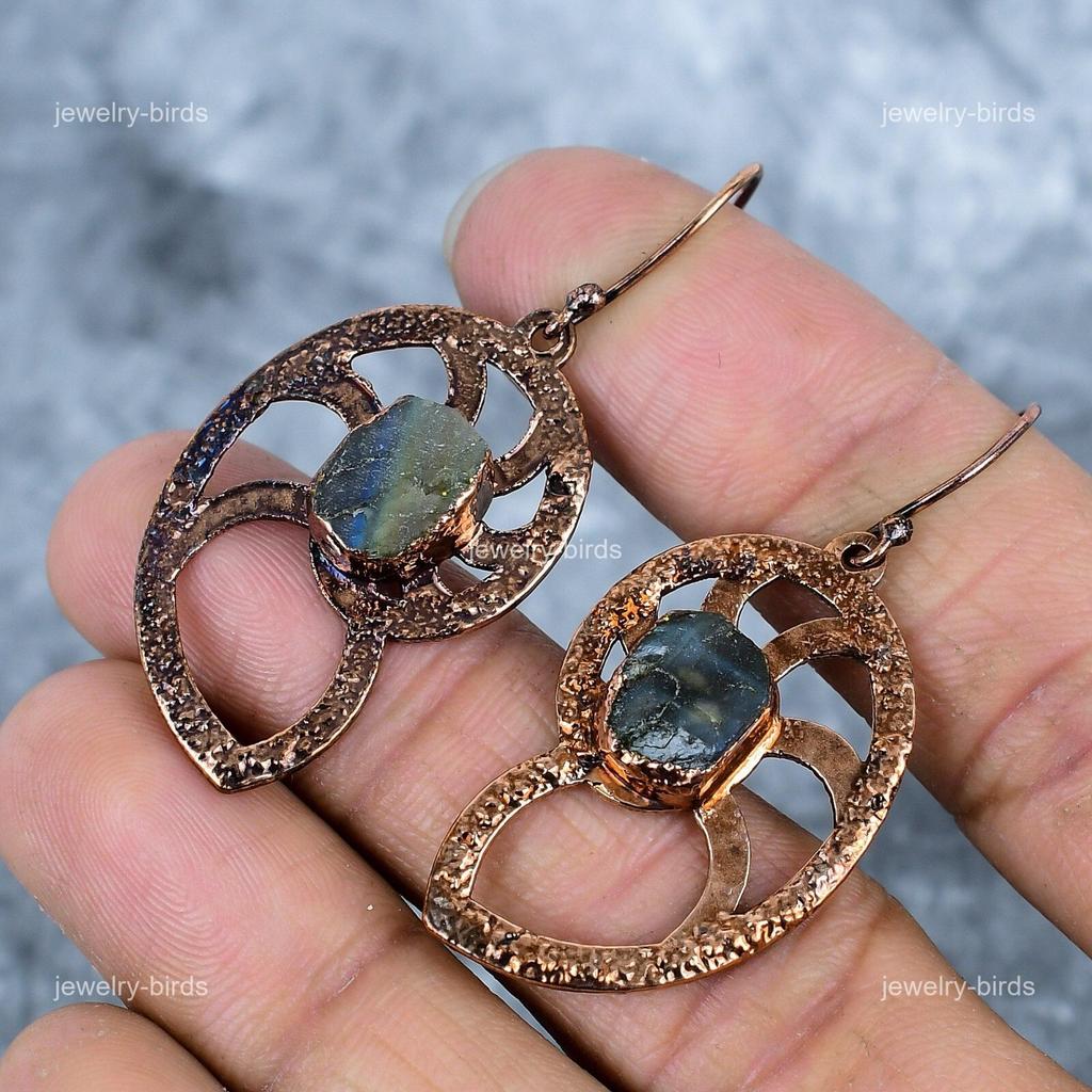 Fancy Labradorite Stone Electroformed Handmade Dangle Drop Hook Earrings Copper VP-79