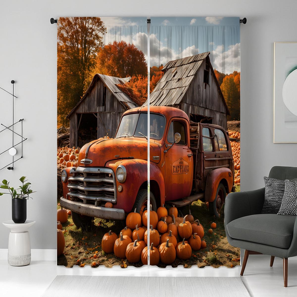 

2 шт. HD Занавеска в стиле «деревенский коттедж на День благодарения» с изображением тыквы и автобуса, желтая завязка, цифровая печать, занавеска для домашнего декора, стиль украшения гостиной W52H63inchW132H160cm