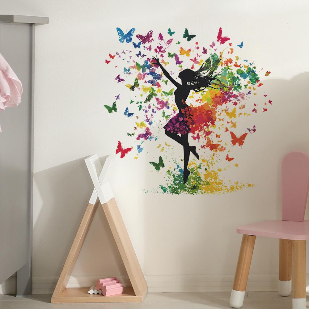 Creative and Colorful Butterfly Girl Flower Stickers for Bedroom Living Room and Commercial Space Beautification and Decoration