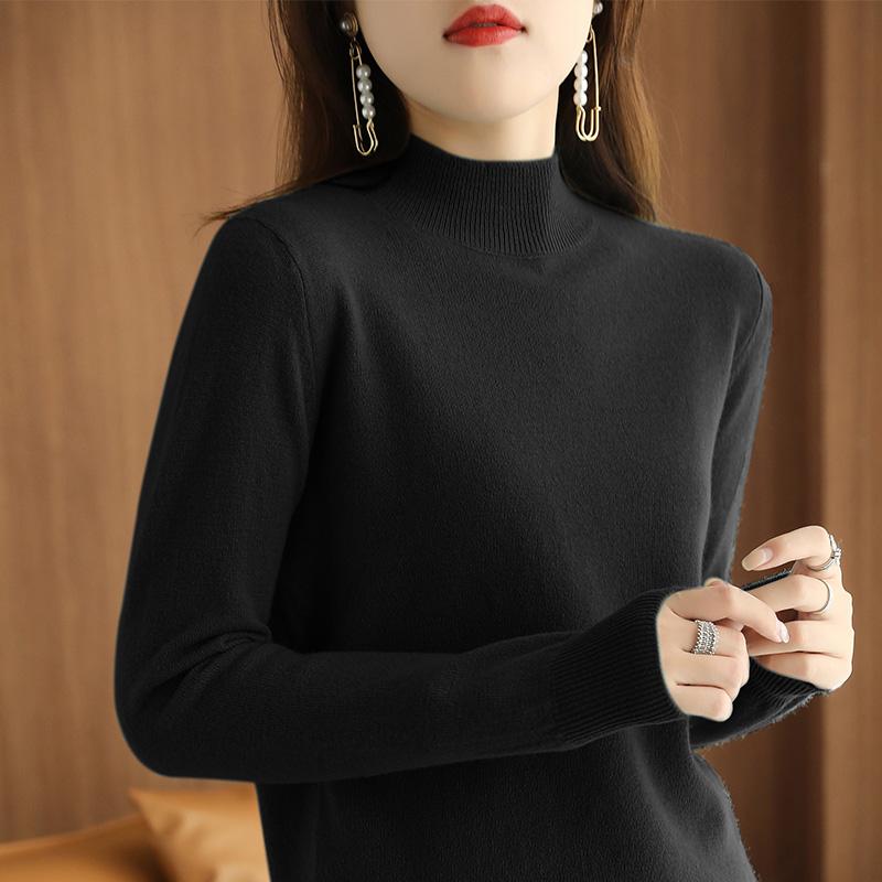 Elegante suéter de cuello alto medio para mujer, primavera, otoño e invierno, fino de manga larga, negro, camisa básica de punto para mujer