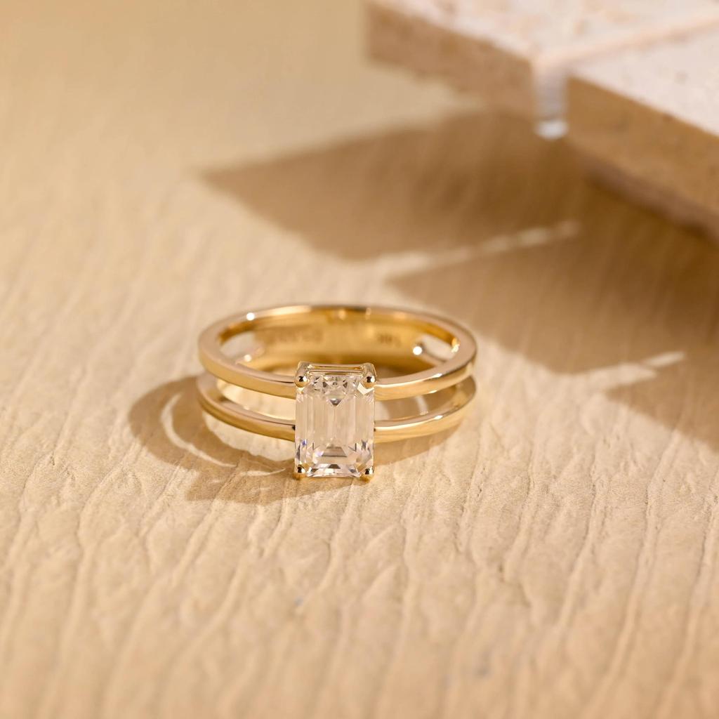 Emerald Cut Diamond Engagement Ring, Double Shank Minimalist Proposal Ring, Art Deco Bridal Ring, Anniversary Gift for Women