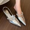 Cold Temperament! Silver Pointed Tip with Rhinestone High Heels Women's Shallow Mouth Rear Empty Sandals