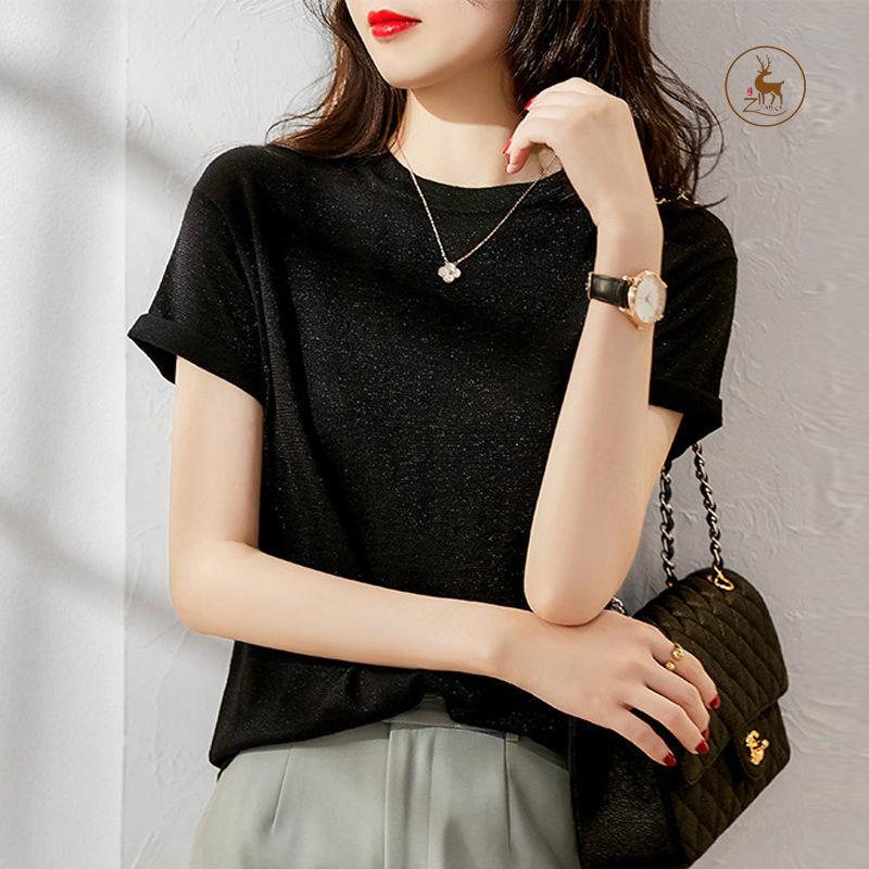 Bright Silk Knitted Short Sleeved Women's Ice Silk Short Sleeved Thin Knit Sweater Fashionable Versatile Loose Top Temperament Small Shirt