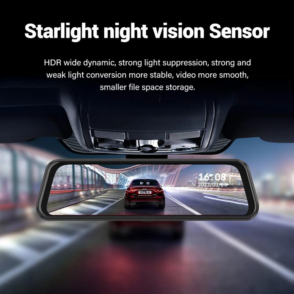 Câmera de painel com espelho WiFi 4K, espelho retrovisor dianteiro e traseiro WDR, câmera de carro com tela sensível ao toque IPS de 10", aplicativo, visão noturna, assistência de estacionamento