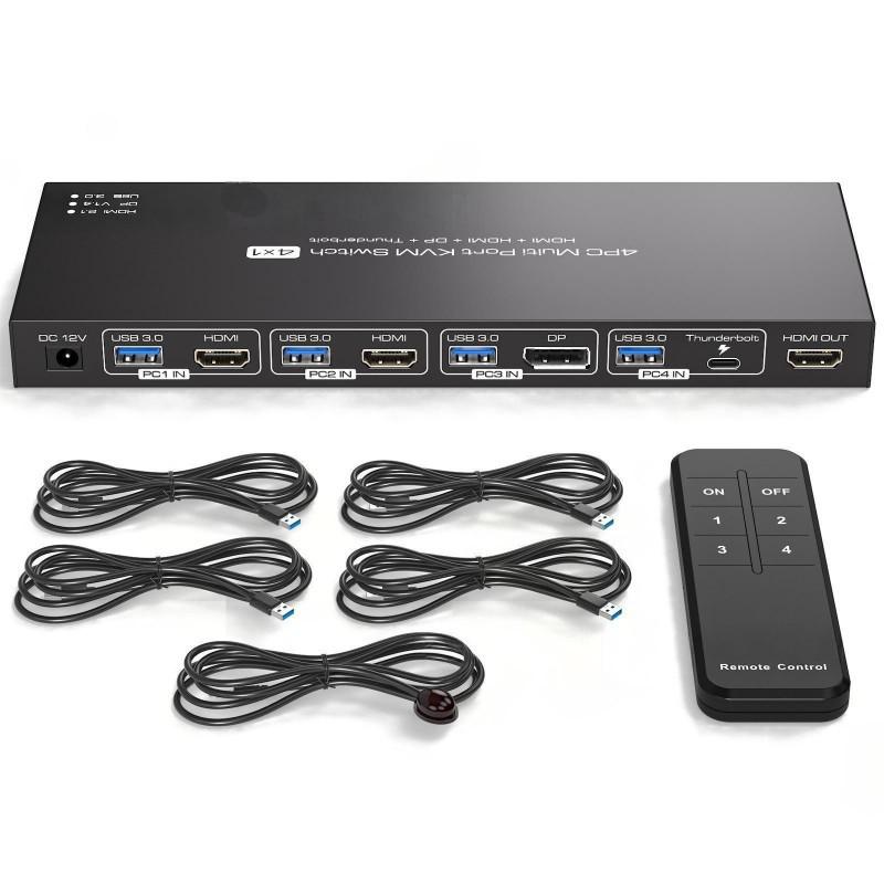 8K@60 KVM-Switch: 2 HDMI-Eingänge, 1 DP-Eingang, 1 Typ-C-Eingang, 1 HDMI-Ausgang, USB 3.0.