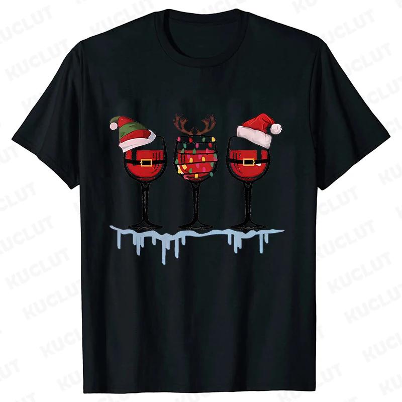 Christmas Wine T Shirts for Women Clothing Funny Cartoon Tshirts Kawaii Fashion Tshirt Korean Female Tops Christmas Wine Tees
