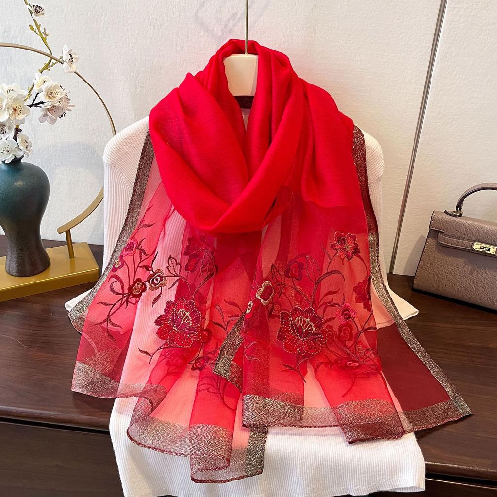 Imitation Silk Embroidered Long Silk Scarf for Women's Fashionable and Fashionable Mulberry Silk Sunscreen Scarf