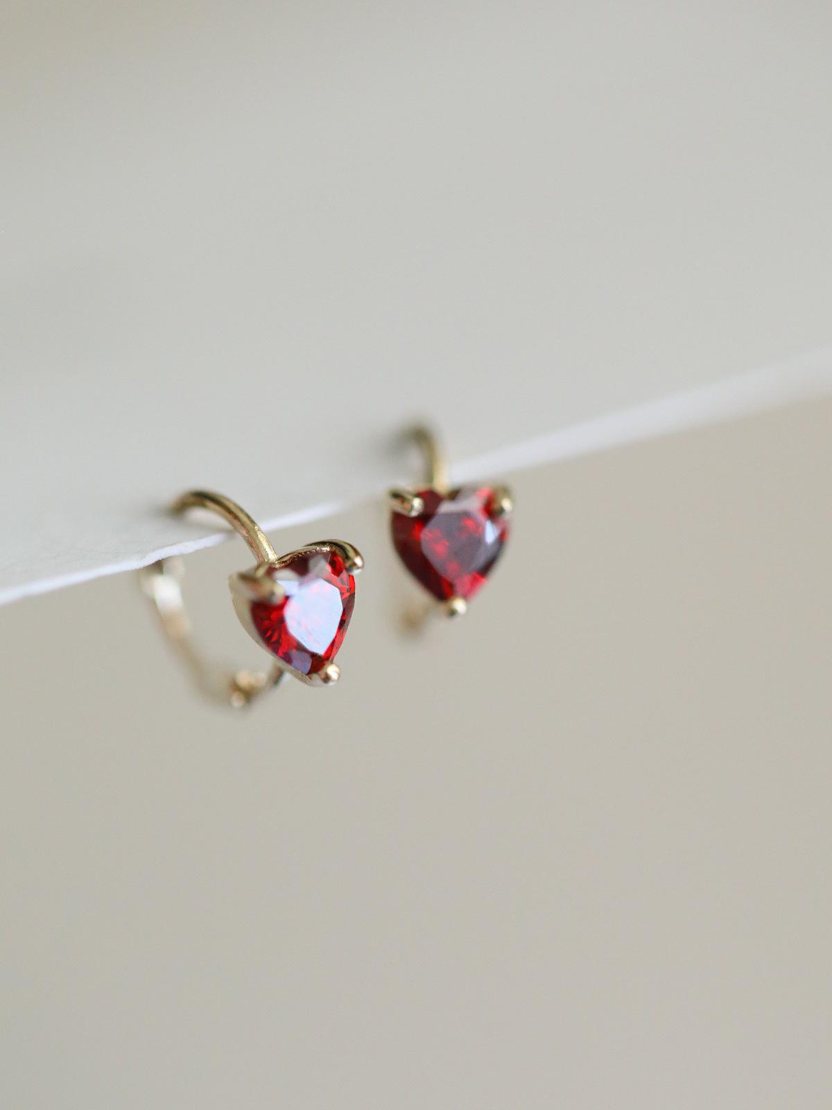 14K Gold-Plated Sterling Silver French Heart Ear Cuff & Pomegranate Red Mini Studs - Elegant Japanese-Korean Style Gold pair