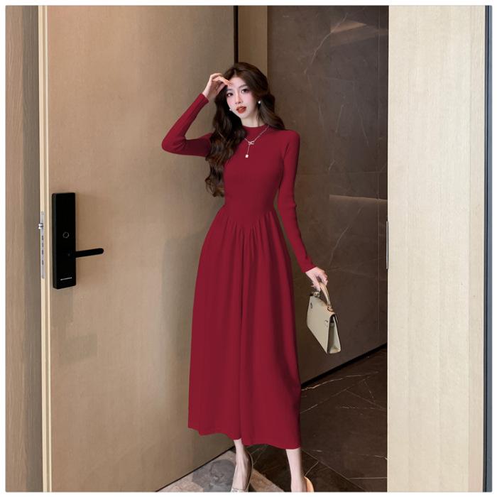 French New Semi-turtleneck Long-sleeved Knitted Dress Is Hot In Autumn and Winter, Waist and Thin, Versatile and Age-reducing A-shaped Skirt