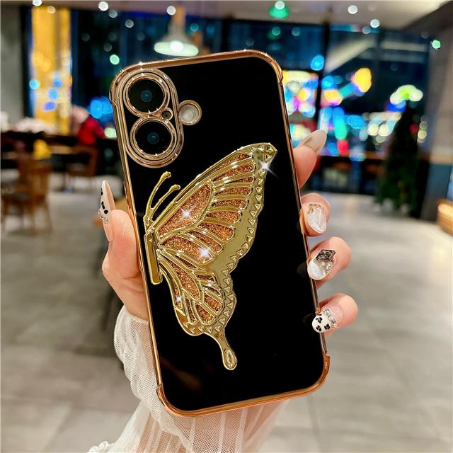 For iPhone 16 Pro Max Luxury Flash Plating Pattern Frame Butterfly Holder Phone Case For iPhone 11 12 13 14 15 Plus Stand Cover