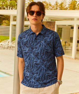 NOTIG Leaf Print Collared Short Sleeve T-Shirt Blue