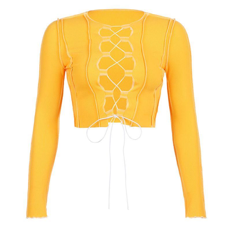 

Irregular Lace-up Hollow T-shirt Irregular Strap Hollow Sexy Slim T-shirt Yellow M