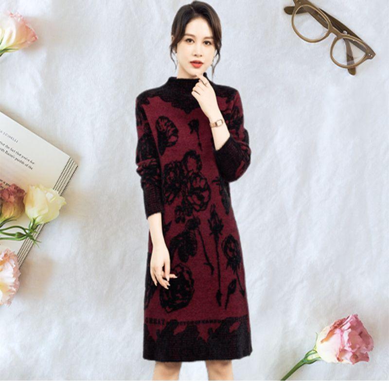 Women's Plus-size Sweater Dress Autumn Winter Fleece Mid-length Straight Knitted Dress Printed Flocking High-neck Skin-friendly Knitted Dress