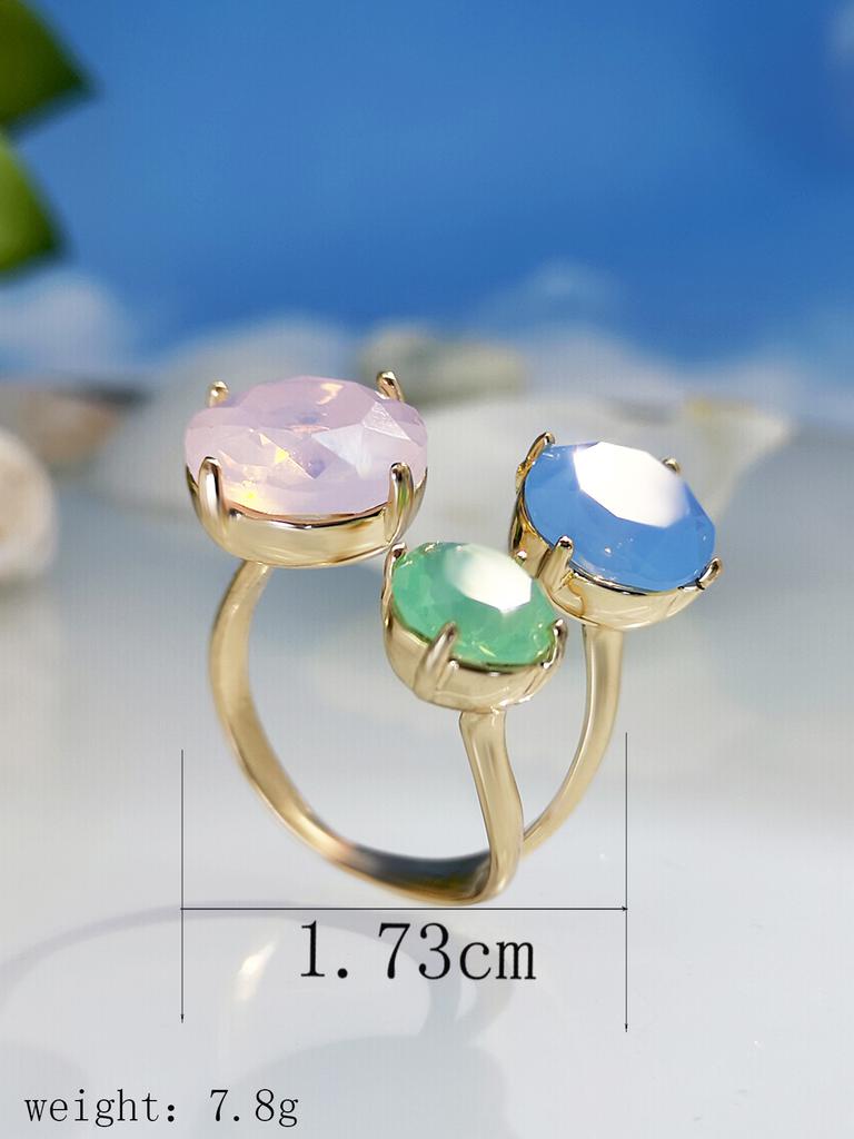 Cute Female Pink Green Blue Zircon Stone Gold Color Round Wedding Rings Promise Open Adjustable Engagement  For Women