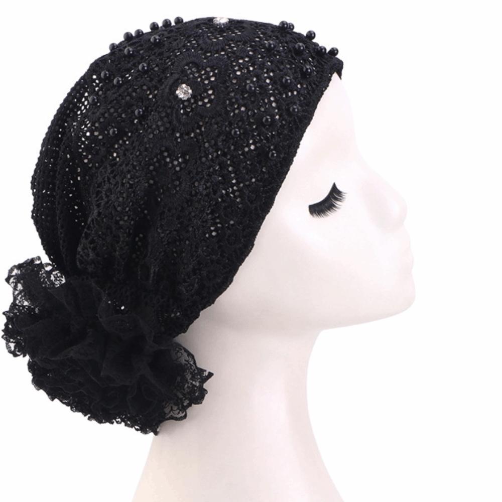 Casual Lace Embroidered Turban Hat Floral Beaded Ready To Wear Muslim Chemo Cap Vintage Lace Pearl Lace Bonnet Female
