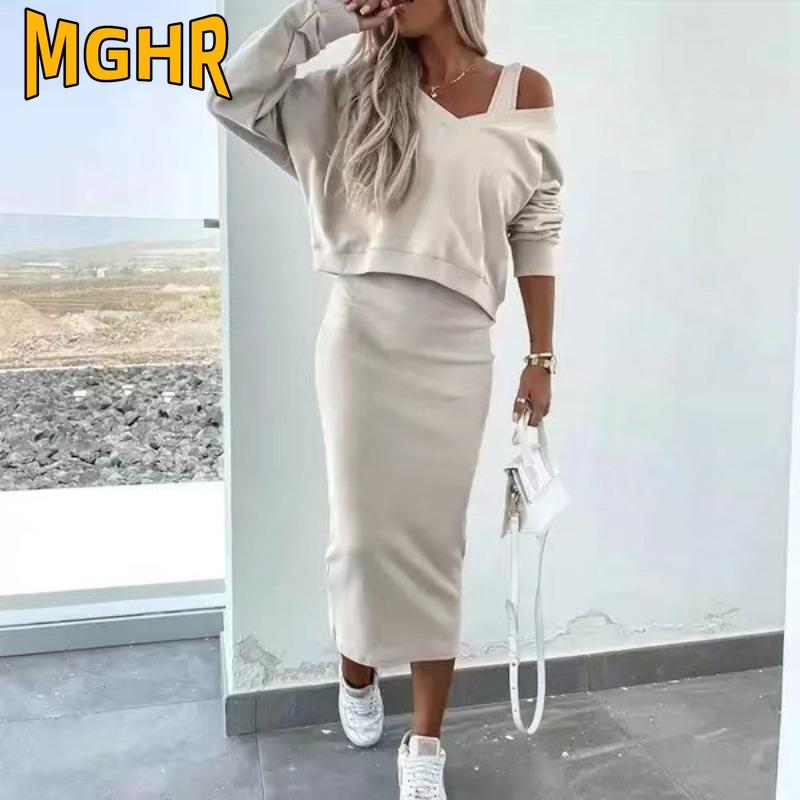 MGHR Moda feminina outono inverno cor sólida estampa manga comprida decote em v vestidos casuais