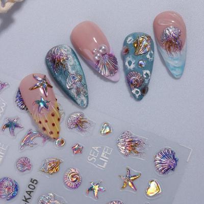 Embossed Jellyfish Shell Ocean Nail Art Sticker Self Adhesive Marine Life Whale Nail Decals Manicure Diy Supplies Nails Slider