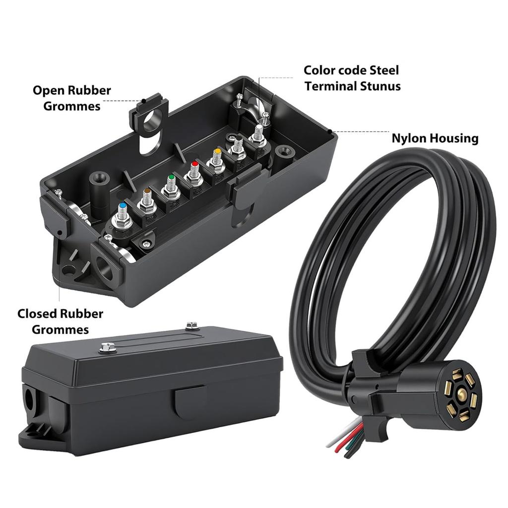 Universal 7 Blade Trailer Wiring Kit with Junction Box 7 Wire Trailer Light Harness Suitable for Various Towing Needs